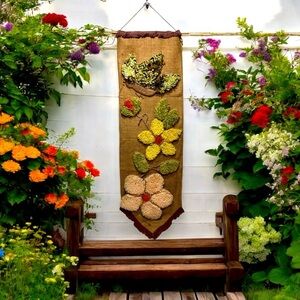 Vintage 1970’s Large Latch Hook on Burlap Wall Hanging